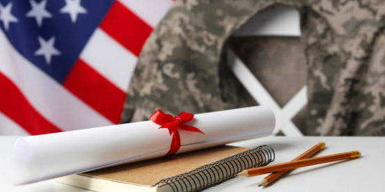 A diploma beside a U.S. flag and military uniform, earning credentials through service